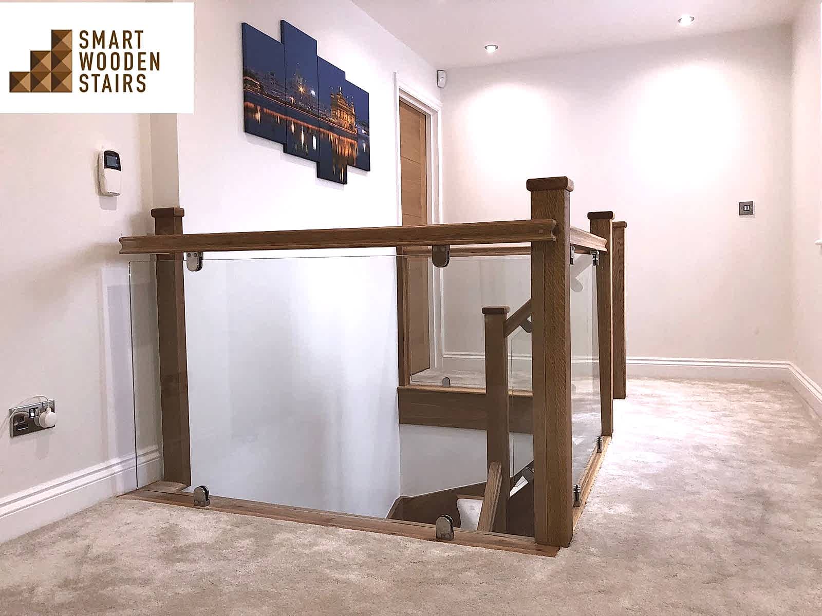 Oak handrail oak post oak cap with glass